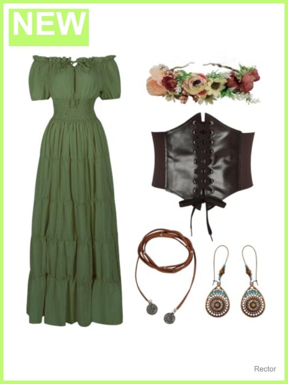 Renaissance Medieval Costume Set Fairy Cottagecore Dress with Corset Crown